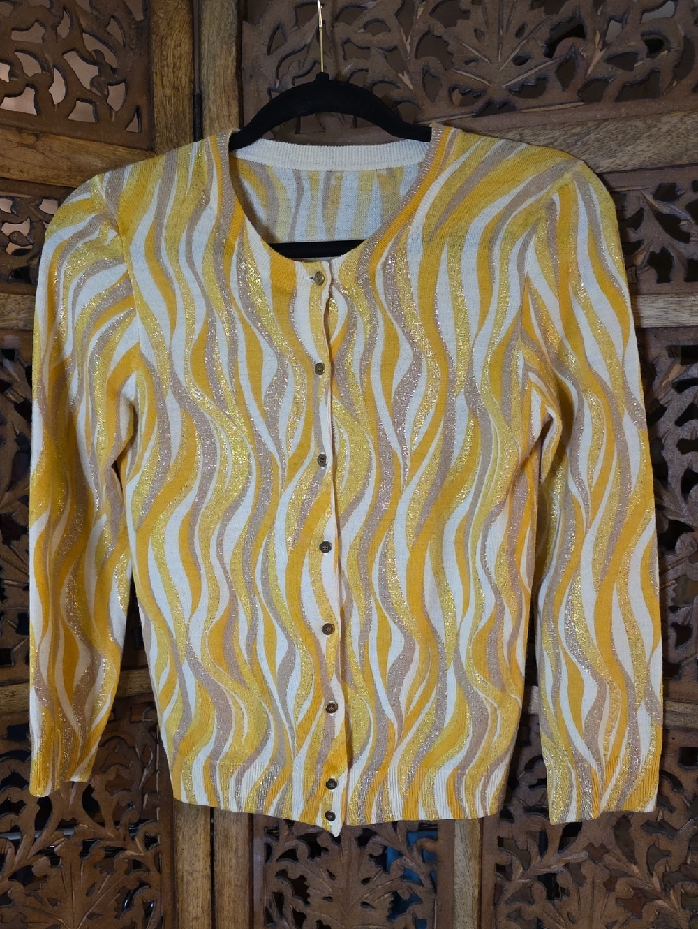 J. Crew Yellow and White Wave-Pattern Cardigan